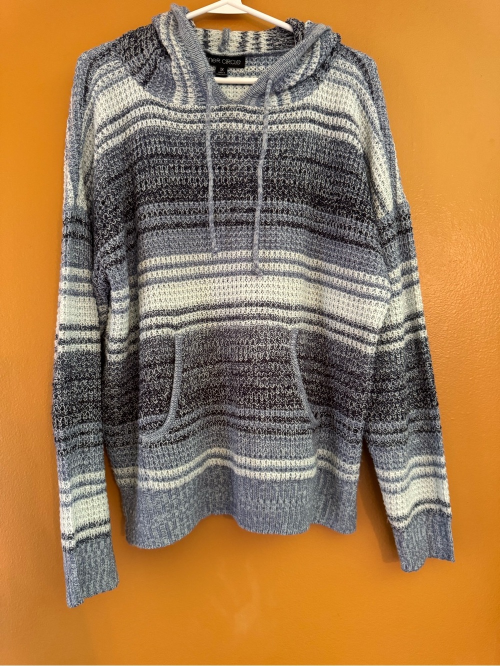 Striped Cowl-Neck Pullover Sweater in Gray & White -